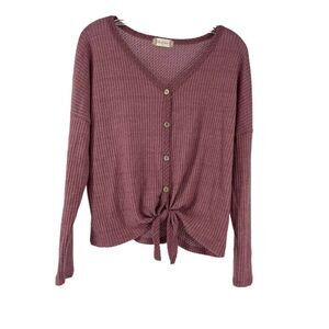 Altard State Top V Neck Long Sleeve Waffle Knit Tie Knot Button Front Size Small